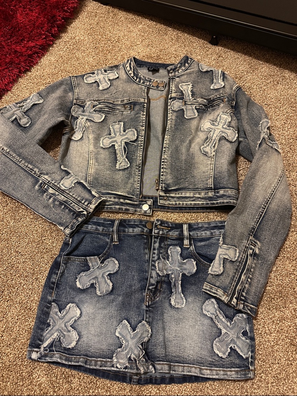 edge Blue Distressed Denim Mini Skirt with Cross Appliqués